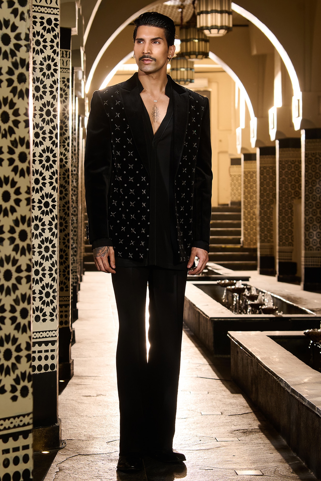 Black Velvet Embroidered Short Jacket Set