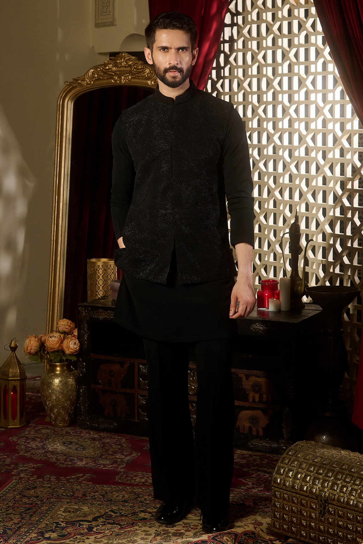 Black Lycra Suiting Thread Embroidered Nehru Jacket Set