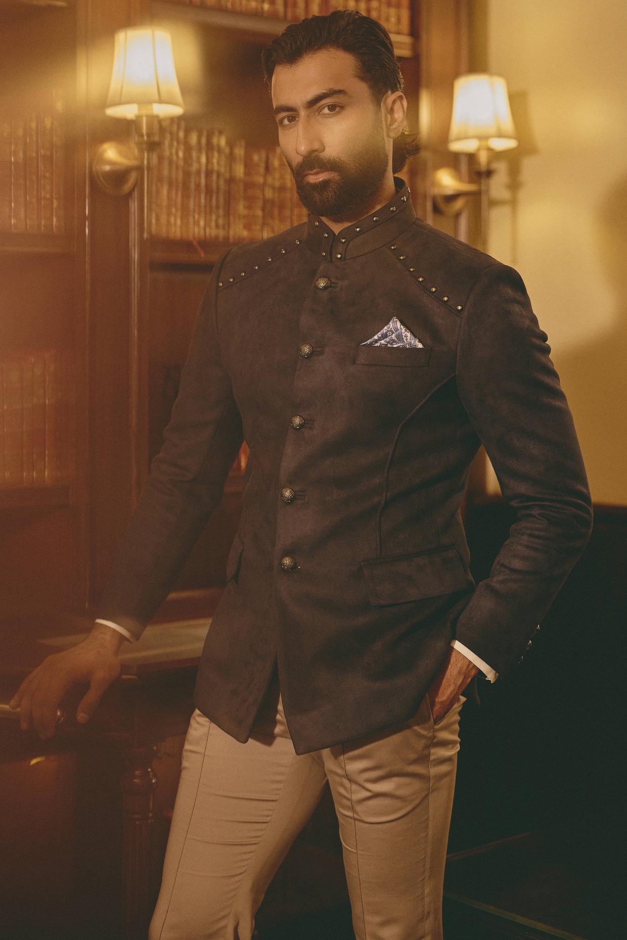Navy Blue Suede Bandhgala