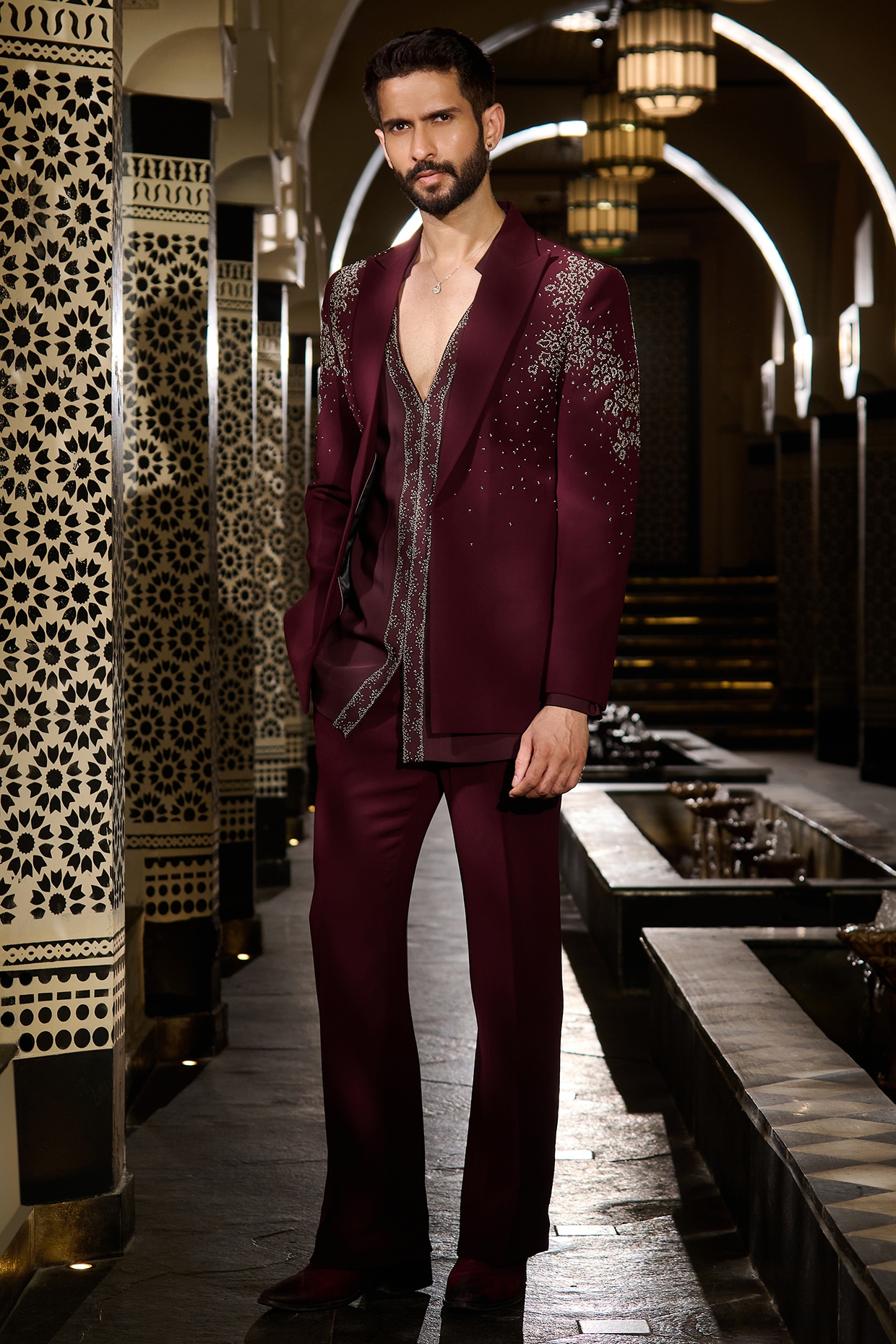 Deep Burgundy Lycra Suiting Embellished Short Jacket Set